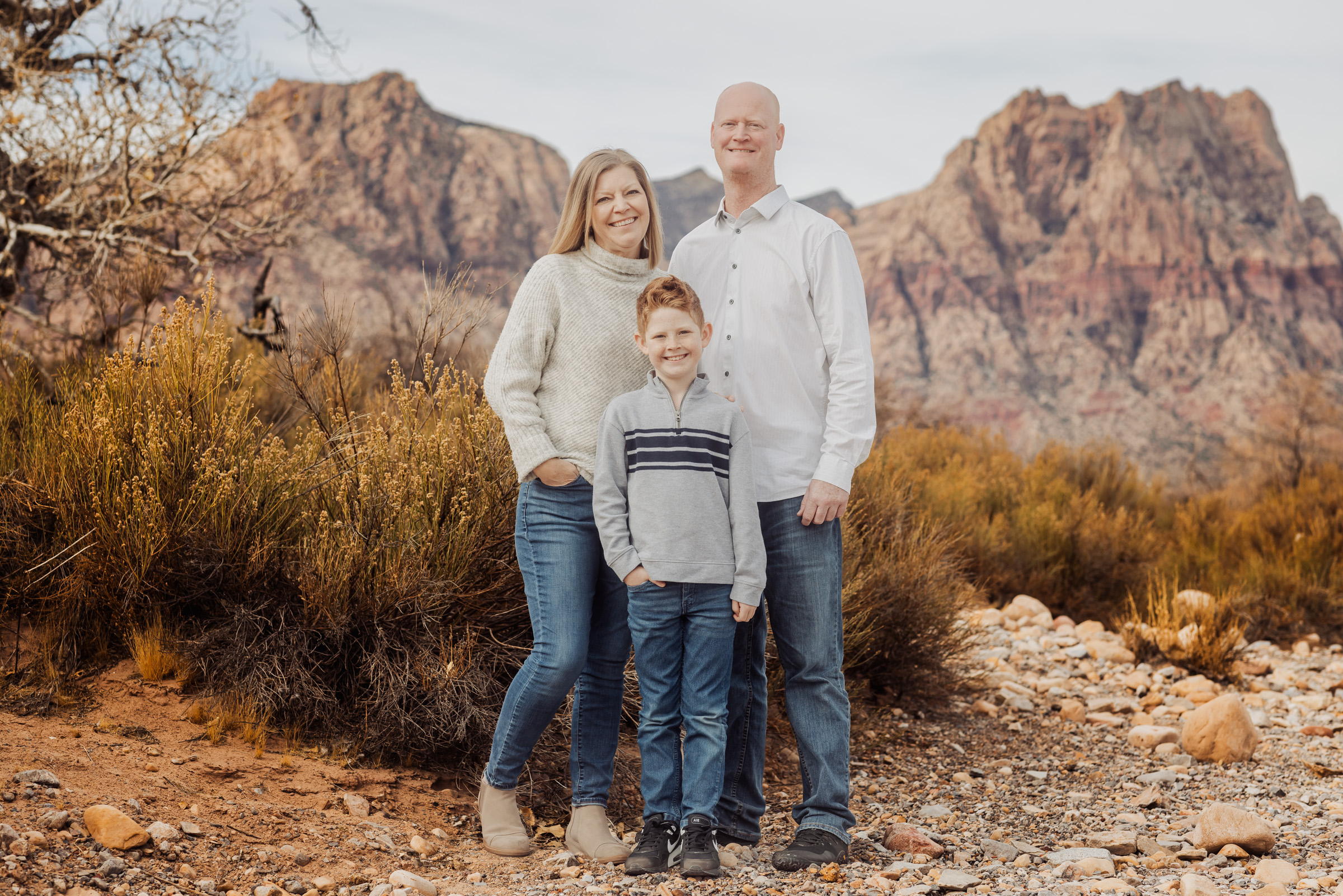 Las Vegas family in coordinated desert-tone outfits at Red Rock Canyon