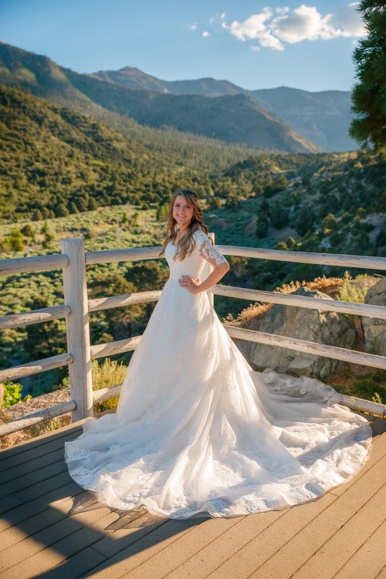 Bride in a ball gown alone on a scenic overlook deck with a mountain range and pines behind her on Mount Charleston