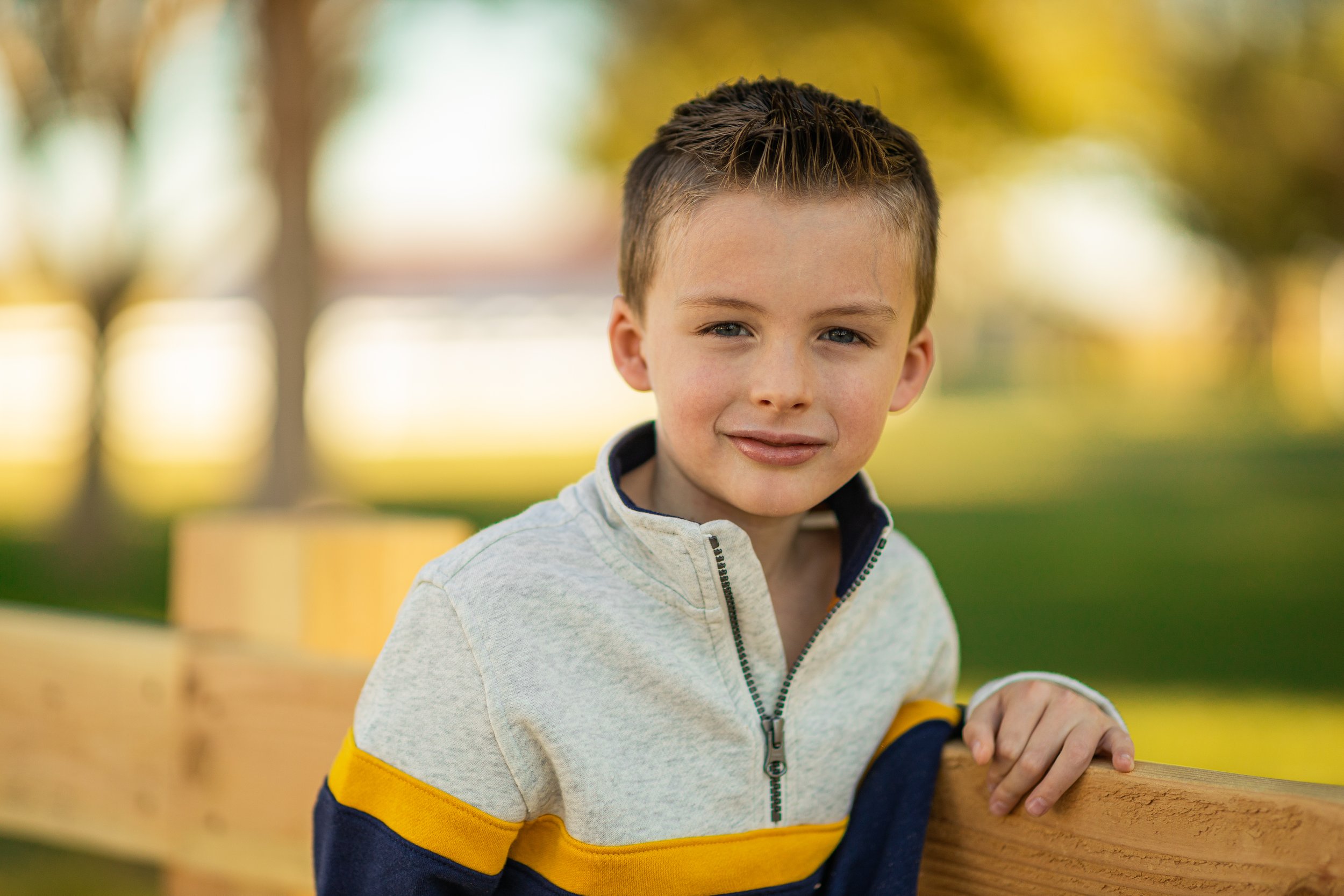 A young boy resting his hand on a wooden fence in a park.