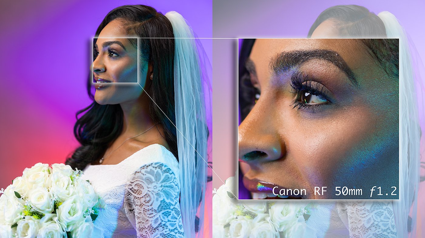 A bridal portrait beside a close-up showing eye detail, labeled Canon RF 50mm f1.2.